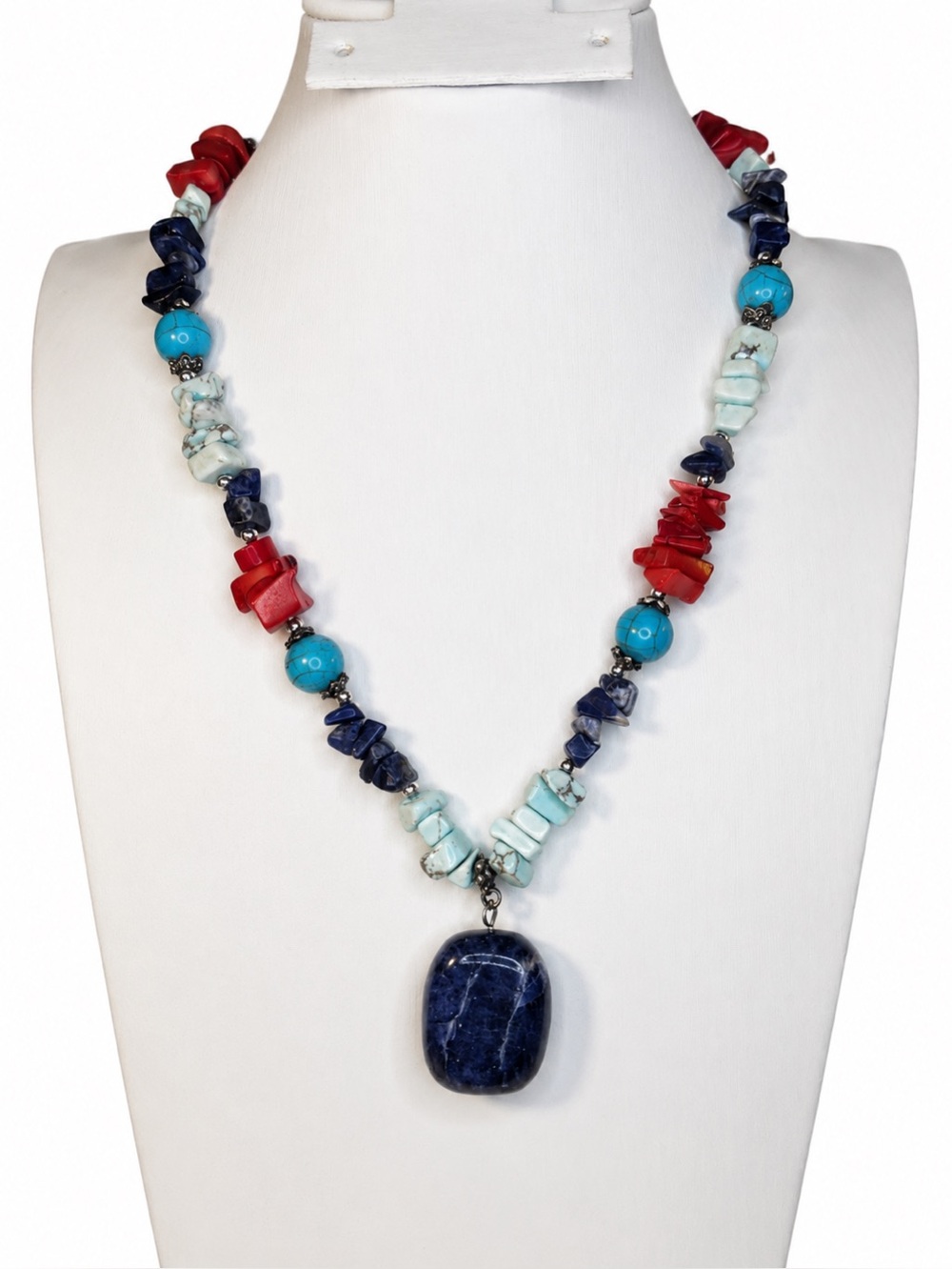 Sodalite Pendant Mixed Gemstone Chip Necklace Turquoise Color Red Blue Statement